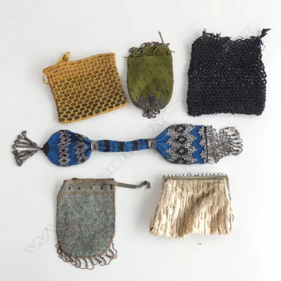 Six vintage beaded bags, including a blue misers purse L.360mm…